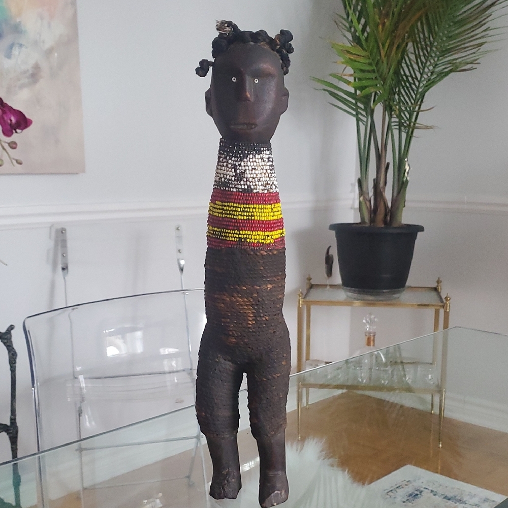 African Wooden Artifact Tribal Namchi Nanji Beaded Fertility Doll Sculpture